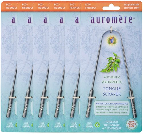 Auromere Tongue Cleaner, Ancient Oral Hygiene, Eco Friendly, Zero Waste, Stainless Steel, Eliminate Bad Breath (6 Pack)
