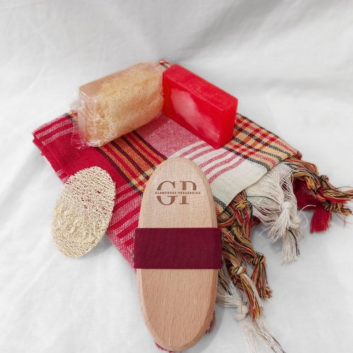 GP All Natural Lymphatic Drainage Set, Dry Brushing Body Brush, Natural Loofah Facial Disc, Turkish Peshtemal Towel, Cinnamon Pumpkin Loofah Soap and Naturally Scented Anti Bacterial Red Soap Bar.