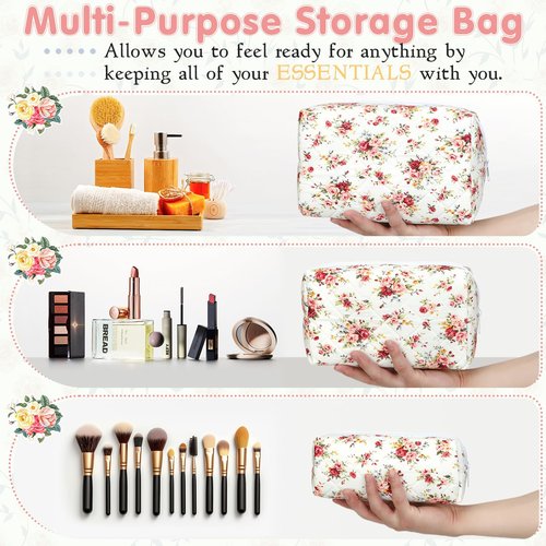 Aintmax 3 PCS Quilted Makeup Bag,Cute Floral Cotton Coquette Cosmetic Bag,Large Travel Toiletry Bag Makeup Brushes Storage Organizer for Women-Red Rose