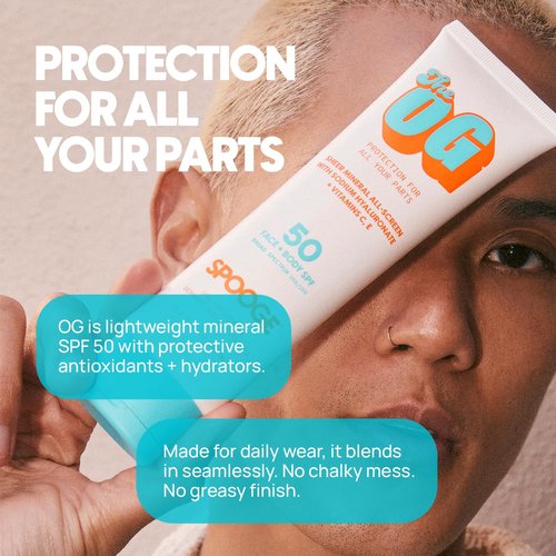 SPOOGE The OG Mineral All-Screen SPF 50 Face + Body, Dermatologist Developed, Broad Spectrum, Sheer Sunscreen - Non-Greasy No Chalky Mess & Reef Safe, All-Weather Care with Aloe + Vitamins C+E - 5 Oz