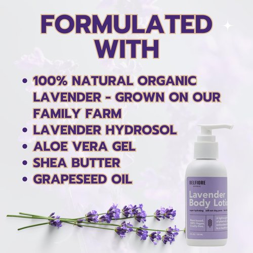 Belfiore Herbal 100% Natural Lavender Body Lotion | Organic Plant Extracts | Calming, Hydrating & Moisturizing | Vegan, Non-GMO | Made in The USA | 4 oz