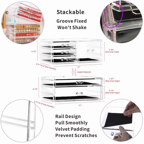 Cq acrylic 2 Pack Clear Stackable Storage Drawers for Vanity,Stackable 6 Drawers Desktop Organizer With Drawers,Cute Desk Storage for Office,Jewelry,Hair Clip,Beauty,Skincare and Make Up Organizers