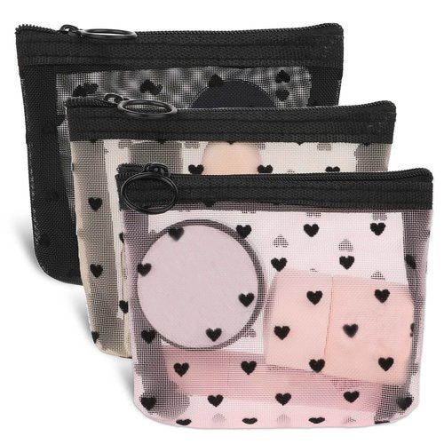 3Pcs Mini Cosmetic Bags, Heart Print Mesh Zipper Bags, Lipstick Accessories Organizer, Makeup Bag for Women, Small Purse Bag, 3 Colors