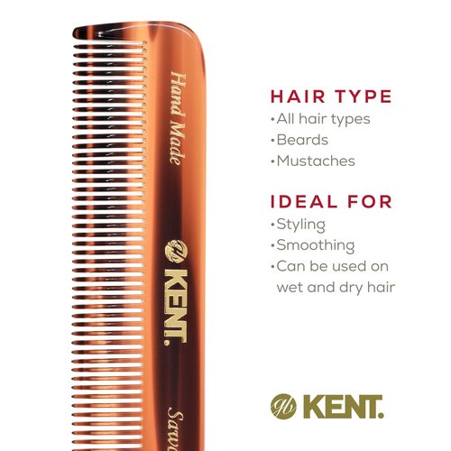 Kent FOT Handmade Fine Tooth Saw Cut Beard and Hair Comb - Pocket Travel Styling Comb for Fine or Thinning Hair, Beard Care Essential Kit