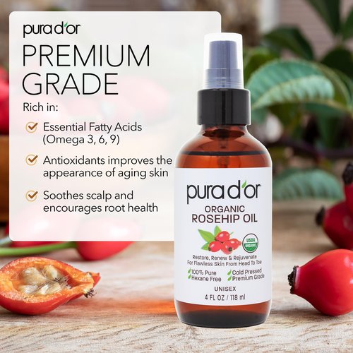 PURA D'OR 4 Oz Vitamin E Oil Blend 70,000 IU & Rosehip Seed Oil Hair Relaxer 100% Pure Cold Pressed USDA Certified All Natural Moisturizer For Anti-Aging, Acne Scar Treatment, Gua Sha Massage