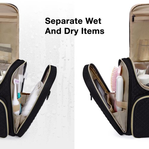 BAGSMART Toiletry Bag, Travel Toiletry Bag for Women, Water-resistant Cosmetic Makeup Bag, Large Capacity Door Room Essentials Travel Organizer for Full Sized Toiletries and Cosmetics, Black