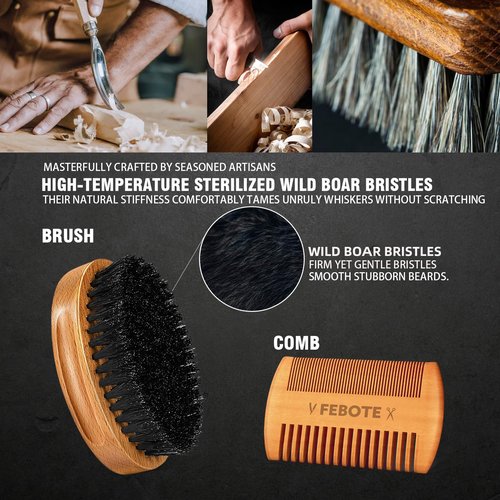 FEBOTE Innovation Beard&Hair Straightener for Men w/Natural Boar Bristle Brush, Pear Wood Comb, Mustache Scissors and Travel Bag, Professional Beard Care Set for Him, Men's Fashion and Grooming Gifts
