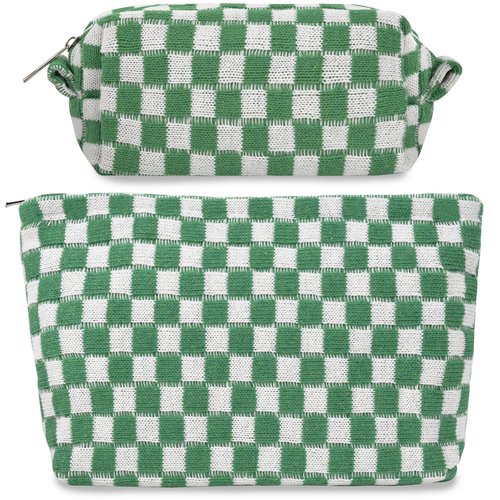 Makeup Bags Checkered Cosmetic Bag- 2PCS Travel Toiletry Bag Aesthetic Portable Accessories Pouch Preppy Pencil Checkered Pencil Pouch Case Cute Brushes Storage Bag for Women -Green