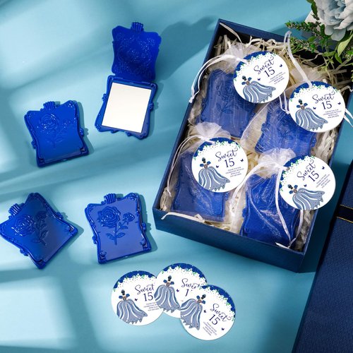 Wenqik 25 Set Quinceanera Party Favors for Guests Include Rose Compact Mirror Quinceanera Card and Organza Bag Mis Xv Años Sweet 15th Birthday Party Favors (Blue)