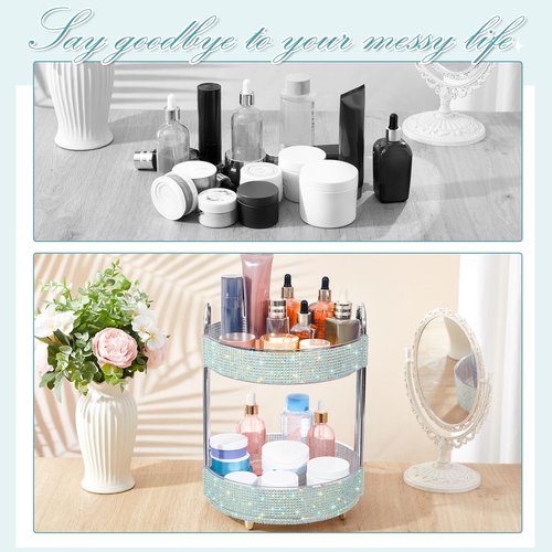Honeydak 360 Rotating Perfume Organizer Rhinestone Bathroom Counter Organizer Makeup Holder with 2 Tiers Skincare and Perfume Storage, Large Capacity Vanity Storage for Cosmetic Countertop Decor
