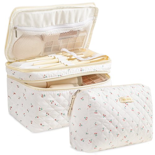 HBselect 2Pcs Travel Makeup Bag, Large Cotton Quilted Makeup Bag Cosmetic Bag Cute Make up Bag Toiletry Bags for Women Girls