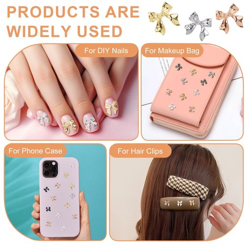 PAGOW 70 Pcs Gold Silver Black Bow Nail Charms, Acrylic Bowknot Nail Bows, Glitter Ribbon Bowknot Nail Decoration for Women, Scrapbook, Crafts, Nail Art (7 Style)