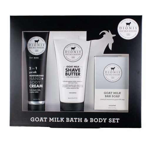 Dionis Goat Milk Skincare Men's Bath & Body 3pc Gift Set – Unscented, Blended Shea Butter & Jojoba Oil Shave Butter for Sensitive Skin, Fragrance Free, Hydrating Moisturizer & Nourishing Bar Soap