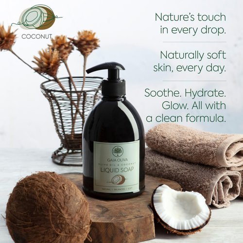 GAIA Oliva Olive Oil Hand Soap Liquid – Luxury Moisturizing Liquid Hand Soap for Bathroom & Kitchen, Natural Ingredietns for Dry, Cracked Hands with Coconut Scent – 16.9 FL OZ Bottle (Pack of 2)