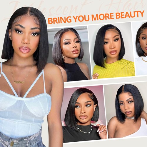 Iridescent Lace Front Bob Wigs Human Hair 13x4 HD Lace Glueless Bob Wig Human Hair Short Straight Frontal Bob Wigs for Black Women Pre Plucked with Baby Hair Natural Color 180% Density 10 Inch