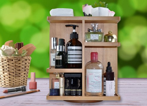 Spiretro Rotating Cosmetic Modular Organizer, Multi-Function Storage, 360 degree Carousel for Makeup, Toiletries, Vanity, Desk, Countertop, Bedroom, Closet, Solid Natural Wood with Acacia Brown
