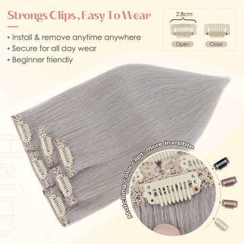 Hairro 6PCS 6 Clips In Short Hair Extensions Remy Real Human Hair Clip Ins Mini Clip On Hairpin Hairpieces For Women 33g 12 Inch #Silver Grey