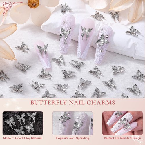 QPRETTY DU 3D Butterfly Nail Charms 100PCS Silver Metal Butterfly Nail and Gems Shiny Nails Art Decoration Supplies Accessories for Acrylic Nails DIY