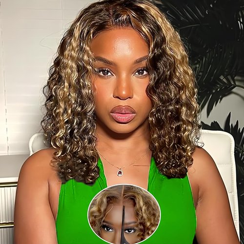 Ombre Bob Wig Human Hair 4/27 Highlight Wear and Go Glueless Wig Deep Wave Curly Honey Blonde Lace Front Bob Wigs 180 Density 8 Inches
