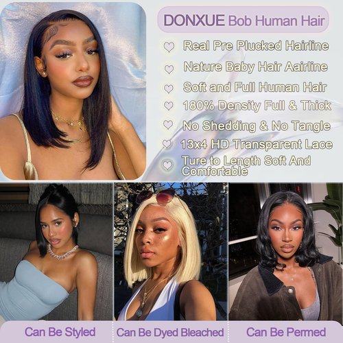 Bob Wig Human Hair Wig Short 13x4 Lace Front Wigs Human Hair Pre Plucked 10 Inch Bob Wig Short Wigs for Black Women Bob Wigs Human Hair 180% Density With Baby Hair Natural Black Straight Glueless