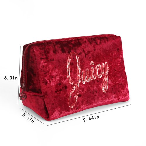 Juicy Couture Red Makeup Bag Cosmetics Organizer Travel Essentials Zip Top Wedge Crushed Velvet Sequin Logo