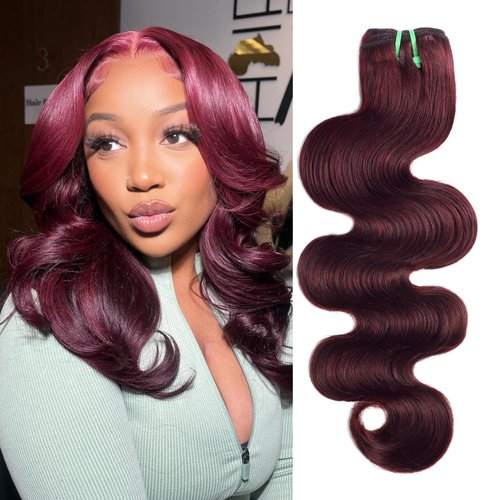 HERMOUS 13A Double Drawn 99J Dark Burgundy Human Hair Bundles Body Wave, Double Lifespan Than Regular Bundle Keep Silky & Soft After Washes Colored #99J Wine Single Bundles Raw Hair Quick Weave 12 IN