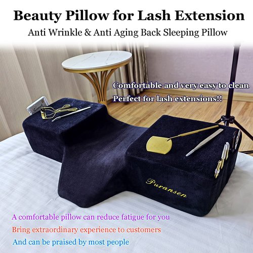 Puransen Lash Bed Pillow with Neck & Back Support - Curved Memory Foam Beauty Pillow for Eyelash Extensions & Salon Services, Two Pockets for Tools on The Sides of Removable Velvet Pillowcase (Black)