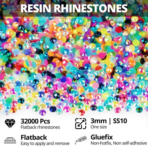 32000Pcs 3mm Rainbow Colorful Jelly Rhinestones Gems Bedazzling Bedazzed Kit, Multi Colored Gemstones Flatback Bedazzler Crafts Clothes Crafting Clothing, Stones Jewels SS10 Resin Rinestone b7000 Glue