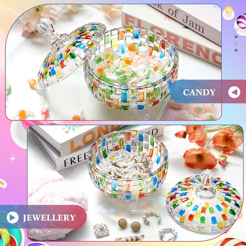 Tioncy 2 Pcs Extra Large Dusting Powder Puff and Container for Women-5.43'' Glass Crystal Dusting Powder Container with 5.91'' Body Soft Washable Reusable Velour Face(Multicolor,Weave Design)