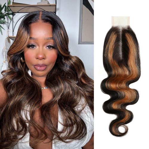 BQRIH F1B/30 Brown Highlighted 2x6 HD Closure Only Body Wave Human Hair 12 Inch, 12A 100% Virgin Remy Deep Middle Part Ombre Honey Blonde Highlight 2by6 Kim K Lace Closure Pre Plucked For Women Sew In