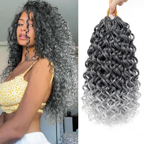 7 Packs Gogo Curl Grey Crochet Hair for Women 18 Inch Pre-Twisted Curly Crochet Hair Pre Looped Deep Ocean Water Wave Beach Curl Crochet Braids Synthetic Braiding Hair Extensions ( 18 Inch, 1B/Gray )