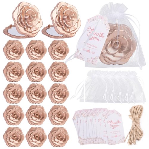 Framendino, 20 Set Rose Compact Mirror Bulk Wedding Party Favors Including Mini Mirrors Thank You Tag White Organza Bag and Jute Twine for Bridal Shower Souvenirs