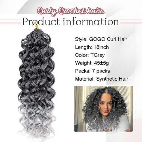 7 Packs Gogo Curl Grey Crochet Hair for Women 18 Inch Pre-Twisted Curly Crochet Hair Pre Looped Deep Ocean Water Wave Beach Curl Crochet Braids Synthetic Braiding Hair Extensions ( 18 Inch, 1B/Gray )