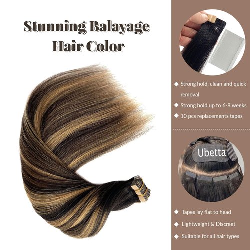 Tape in Hair Extensions Human Hair Yaki Straight Natural Black Hair Extensions Balayage Caramel Blonde Highlights Real Remyh Human Hair 14 Inch 50g/pack 20pcs Tape Hair Extensions for Black Women