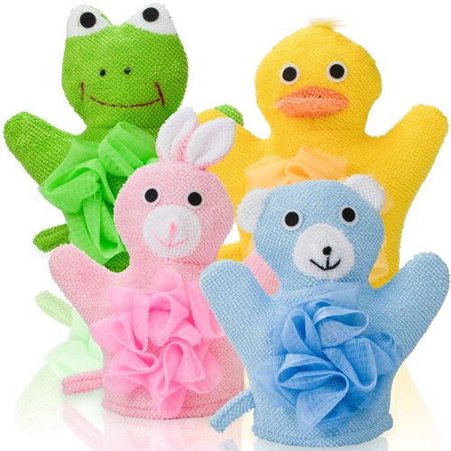 Made Easy Kit Hand Puppet Bath Wash Mitt Towel with Animal Designs with Loofahs for Fun Interactive Bathing Time (Green Yellow Pink Blue)