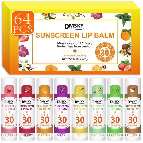 DMSKY SPF Lip Balm Bulk 64 Pack, Sunscreen Lip Balm SPF 30, Broad Spectrum UVA/UVB Protection, Lip Sunblock Bulk Sunscreen Travel Size