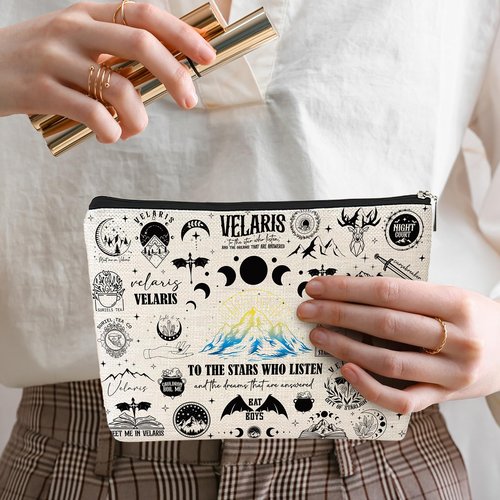 VeloKomo ACOTAR Gifts Makeup Bag - Reusable Organizer Bags Fantasy Birthday Gift for Girls Women Bookish Friend Novel Lover Fan Merch Cosmetic Pouch With Zipper Goth Night Moon Star Starry Print Case
