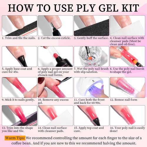 Clara Colors Poly Gel Nail Kit, 12 Colors Clear Jelly Nude Pink Poly Extension Gel Nail Kit with 48W UV Lamp All In One Polygel Nail Kit Starter Kit with Slip Solution and Tools for Nail Art DIY