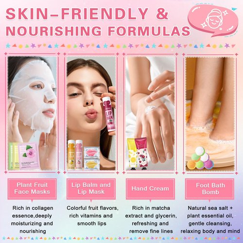 QIUFSSE 120 PCS Spa Party Supplies for Girls & Women,Spa Party Favors Include Face Masks Skincare,Hand Cream,Lip Balm,Eye Masks,Lip Mask,Foot Bath Bombs,Slumber Sleepover Party Supplies for Girls