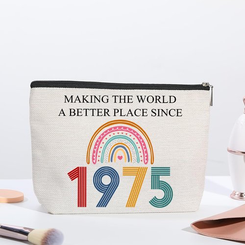 TOBYOVU 50th Birthday Gifts For Her, Women – Gifts for 50th Birthday – Mothers Day Bags For Woman – 50th Bday Decorations For Sister, Female, Friends – 1975 Canvas Makeup Bag – Turning 50th Gift