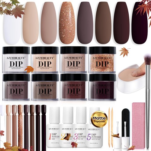 AZUREBEAUTY 30Pcs Dip Powder Nail Kit Starter, 8 Colors Fall Nude Brown Glitter Purple Nude with Nail Sticks, Nail Art Liquid Set with Matte/Base/Top Coat Activator for French Manicure Salon