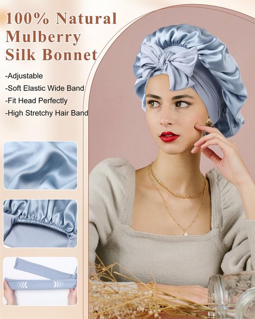 Silk Bonnet 100% Mulberry Hair Bonnet for Sleeping Women Hair Wrap with Elastic Band Sleep Night Cap(Blue)