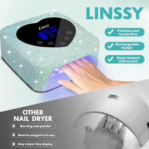 Linssy UV LED Nail Lamp, 72W Cordless Nail Lamp Nail Dryer with 5 Timer Settings, Large Heart Shape Smart LCD Screen with Touch Control UV Light for Gel Nails, Professional LED Nail Lamp (Blue)