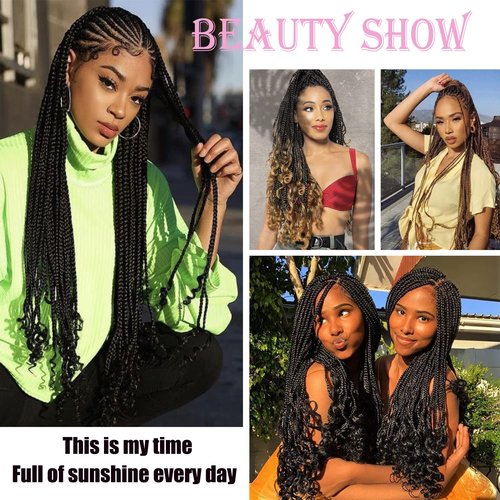 38 Inch Black Crochet Braids Box Braids Crochet Hair For Women 6Packs Long Black Box Crochet Braid Hair With Curly Ends(38inch, 1B#)