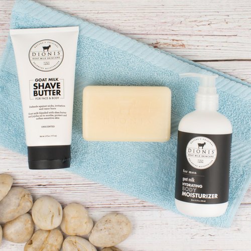 Dionis Goat Milk Skincare Men's Bath & Body 3pc Gift Set – Unscented, Blended Shea Butter & Jojoba Oil Shave Butter for Sensitive Skin, Fragrance Free, Hydrating Moisturizer & Nourishing Bar Soap