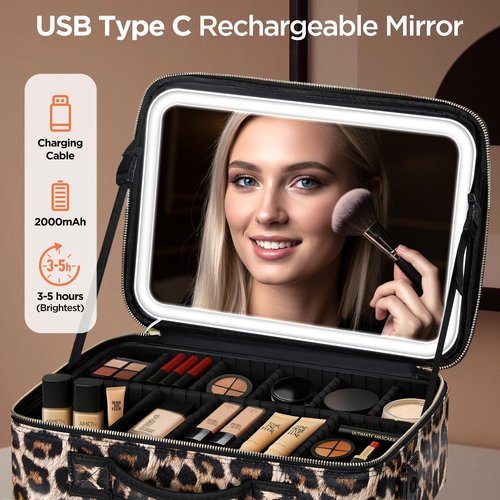 IPOW Travel Makeup Bag with LED Mirror, 3 Adjustable Light Settings, Customizable Dividers, Portable Travel Organizer, USB Charging, Leopard print, Large