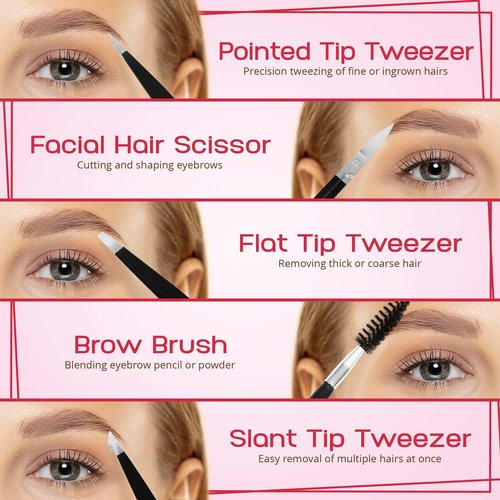 NazQat 6 Pcs Tweezers Set for Women Facial Hair, Professional Eyebrow Kit, 4x Precision Tweezers for Eyebrows with Scissors and Grooming Brush - Eyebrows Hair Pluckers with Leather Travel Case