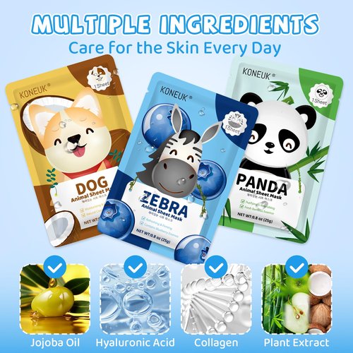 KONEUK 36 Pack Cute Animal Kids Face Mask, Sheet Collagen Moisturizing Face Mask for Girls Teens, Stocking Stuffers for Wome, Bulk Spa Party Gifts and Birthday Gifts