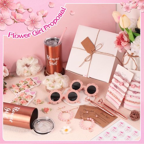 40pcs Flower Girl Proposal Gifts Set of 2, Rose Gold 12oz Tumbler Sunglasses Pearl Bracelet Diamond Pen Hair Ties Will You Be My Flower Girl Card Box