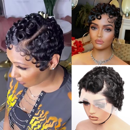 Short Curly Pixie Cut 13x4 Lace Front Wig Human Hair Wigs 13x4 HD Lace Frontal Wigs Short Layered Curly Glueless Wig Pre Plucked Deep Wave Pixie Cut Human Hair Wigs for Black Women, Natural Black